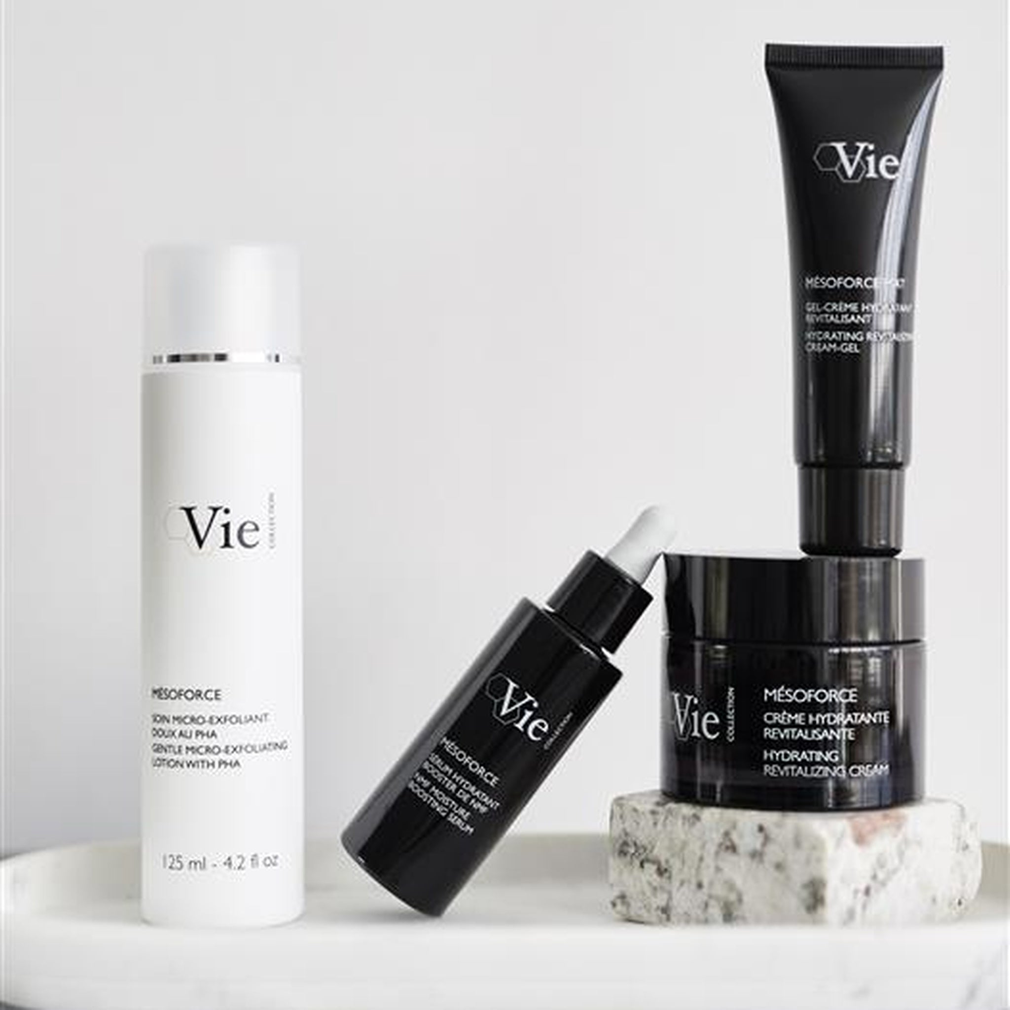 Vie Collection Mesoforce Hydra Revitalizing Cream and Hyaluronic Acid Vitamin Mask skincare group image for hydrated radiant skin
