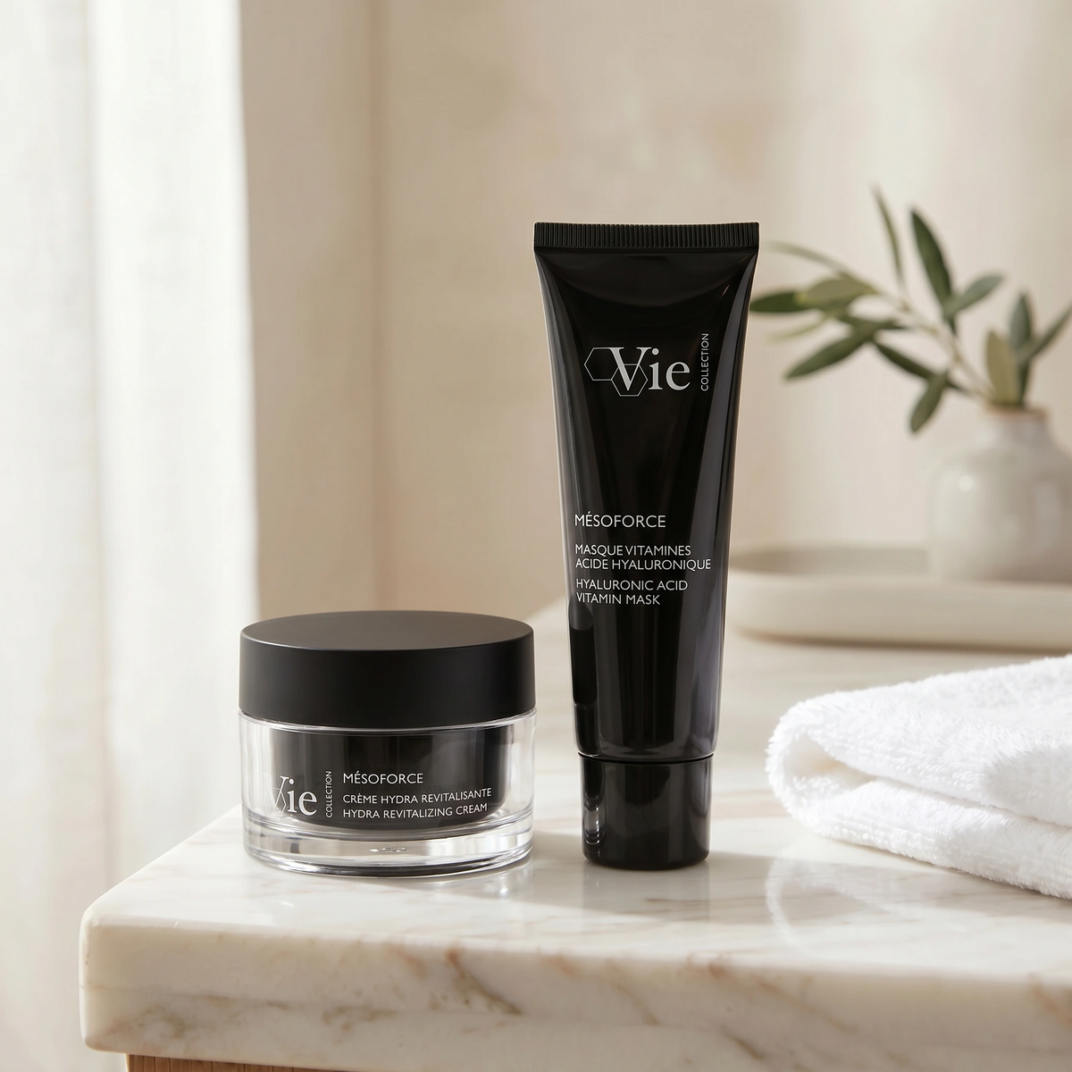 Vie Collection Mesoforce Hydration and Radiance Bundle styled on a premium bathroom vanity for hydrated, plumper and more radiant-looking skin.