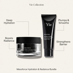 Vie Collection Mesoforce Hydration and Radiance Bundle with callouts for hydration, radiance, plumping and barrier support.