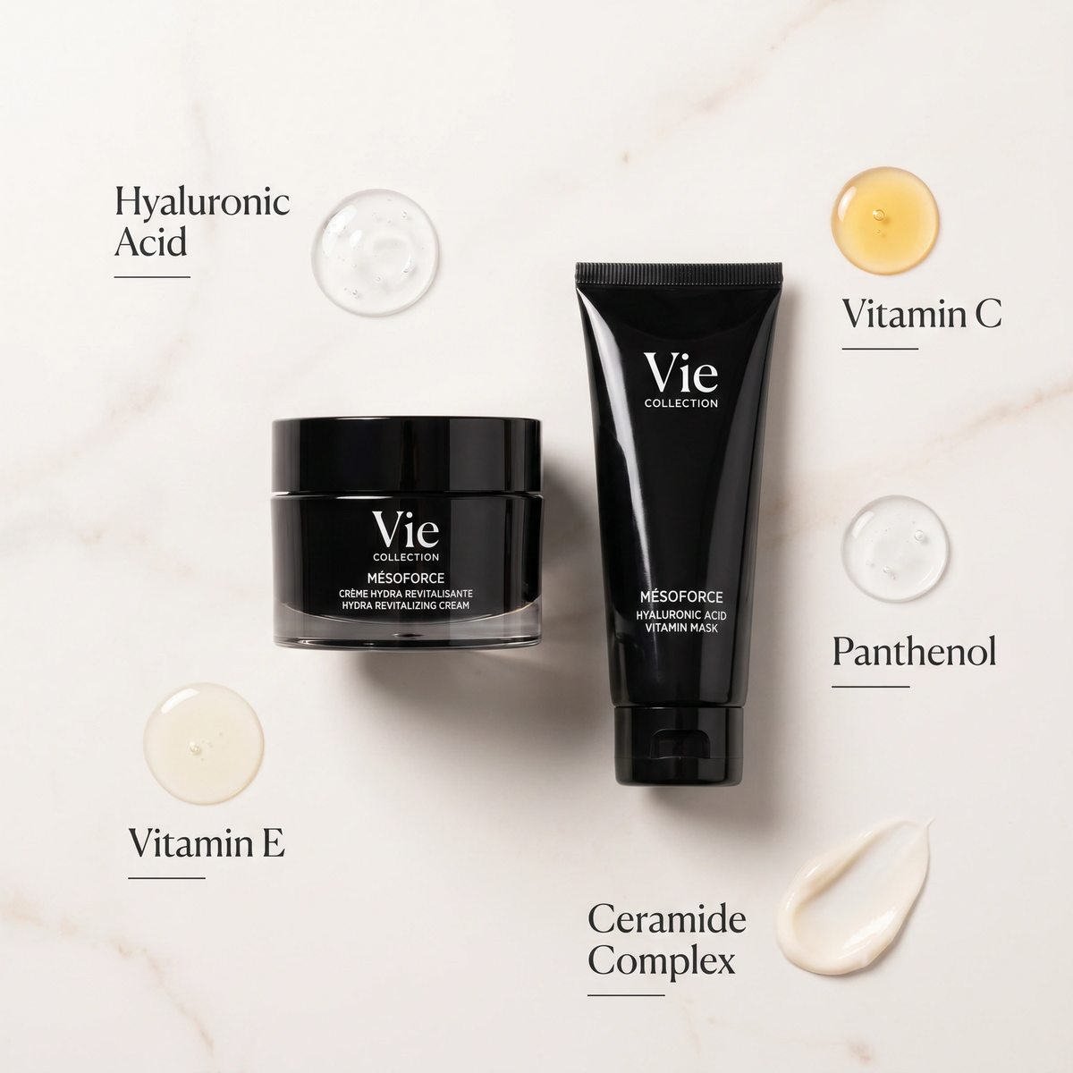 Vie Collection Mesoforce Hydration and Radiance Bundle with Hyaluronic Acid, Vitamin C, Panthenol, Vitamin E and Ceramide Complex.