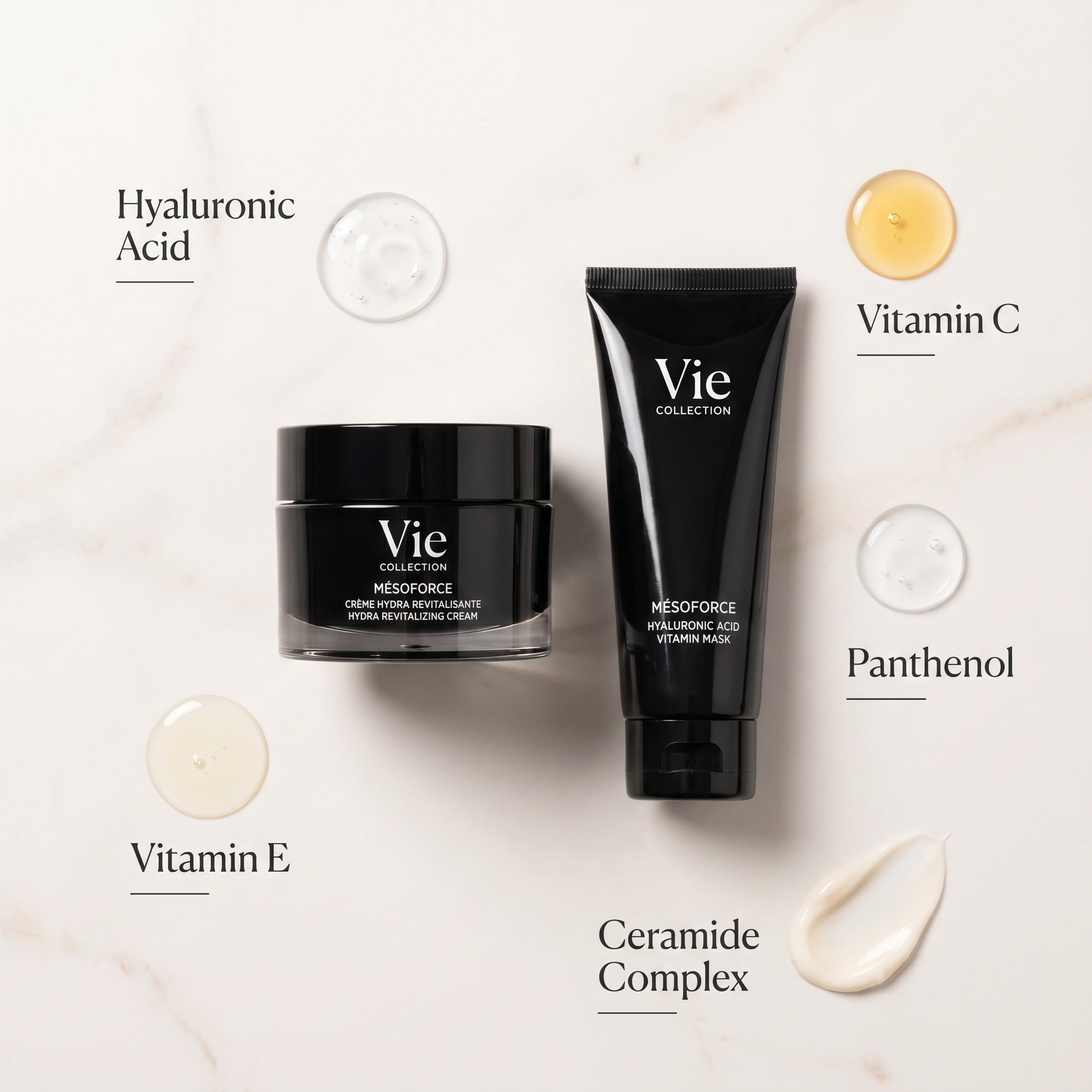 Vie Collection Mesoforce Hydration and Radiance Bundle with Hyaluronic Acid, Vitamin C, Panthenol, Vitamin E and Ceramide Complex.