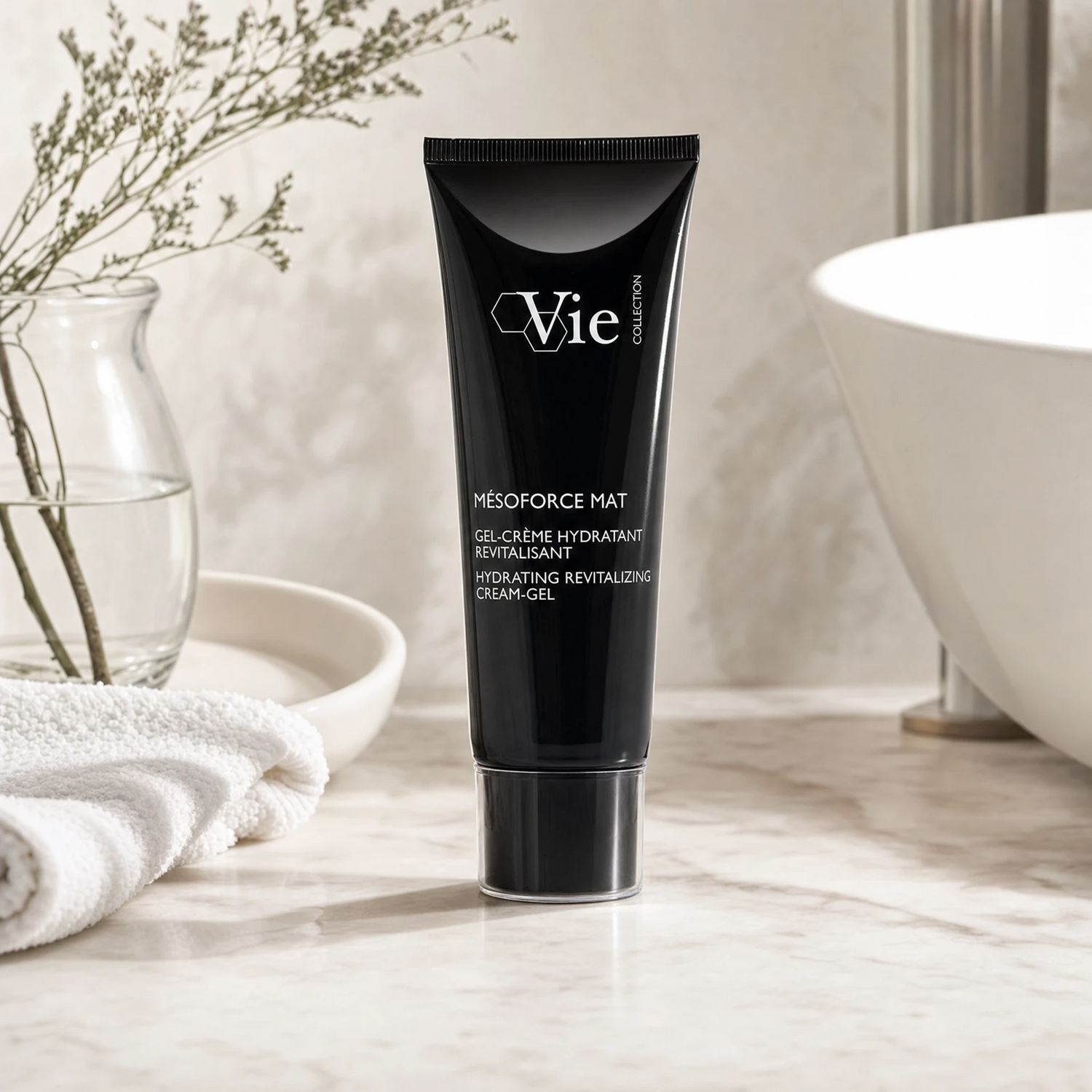 Vie Collection Mésoforce Mat Hydrating Revitalizing Cream-Gel 50ml on a marble bathroom counter with botanical in glass carafe, white ceramic tray, stacked white spa towels and white basin, premium at-home skincare setting