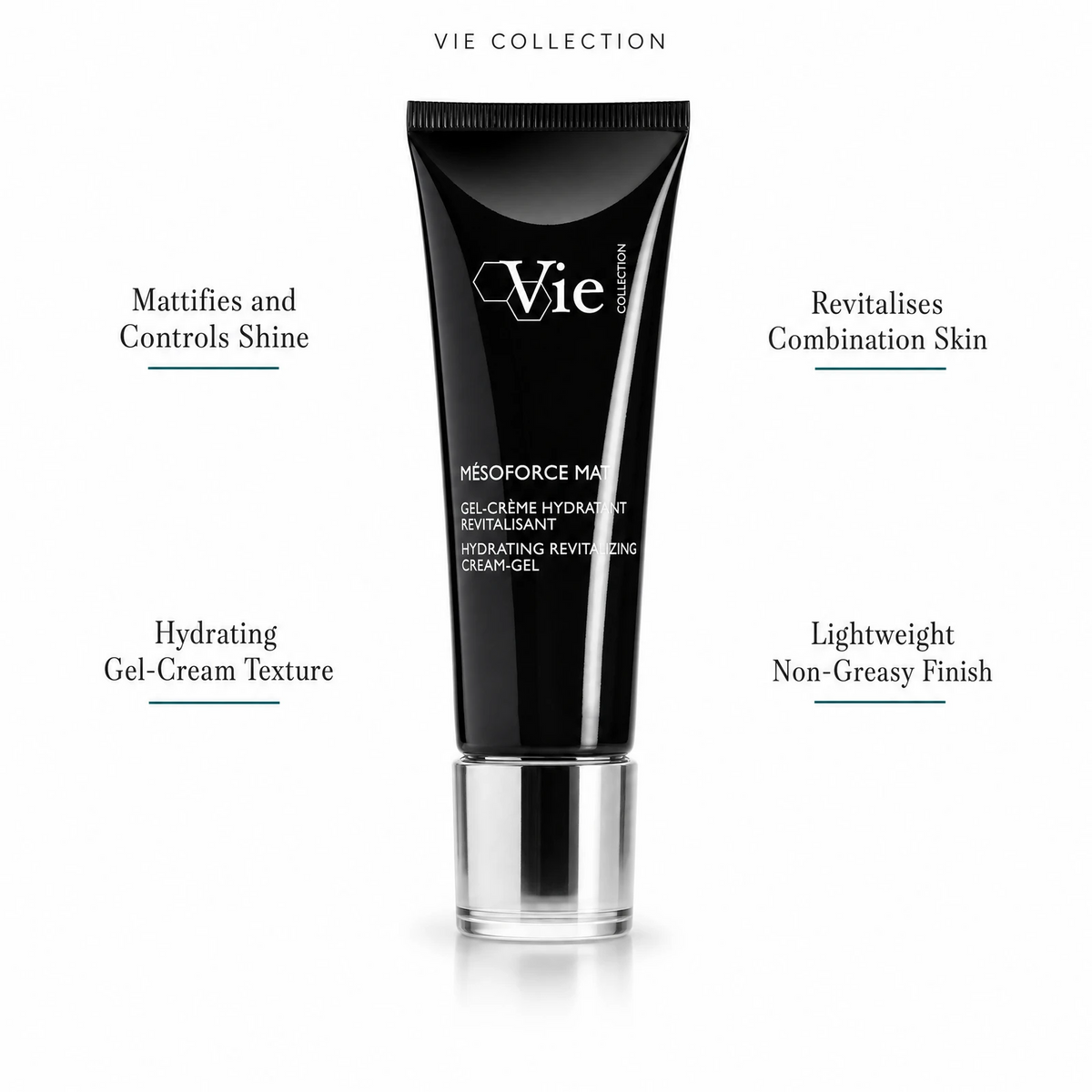 Vie Collection Mésoforce Mat Hydrating Revitalizing Cream-Gel 50ml with four benefit callouts: Mattifies and Controls Shine, Hydrating Gel-Cream Texture, Revitalises Combination Skin, Lightweight Non-Greasy Finish