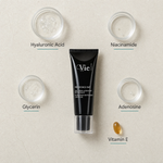 Vie Collection Mésoforce Mat Hydrating Revitalizing Cream-Gel 50ml flatlay on limestone surface with Hyaluronic Acid, Niacinamide, Glycerin, Adenosine, and Vitamin E