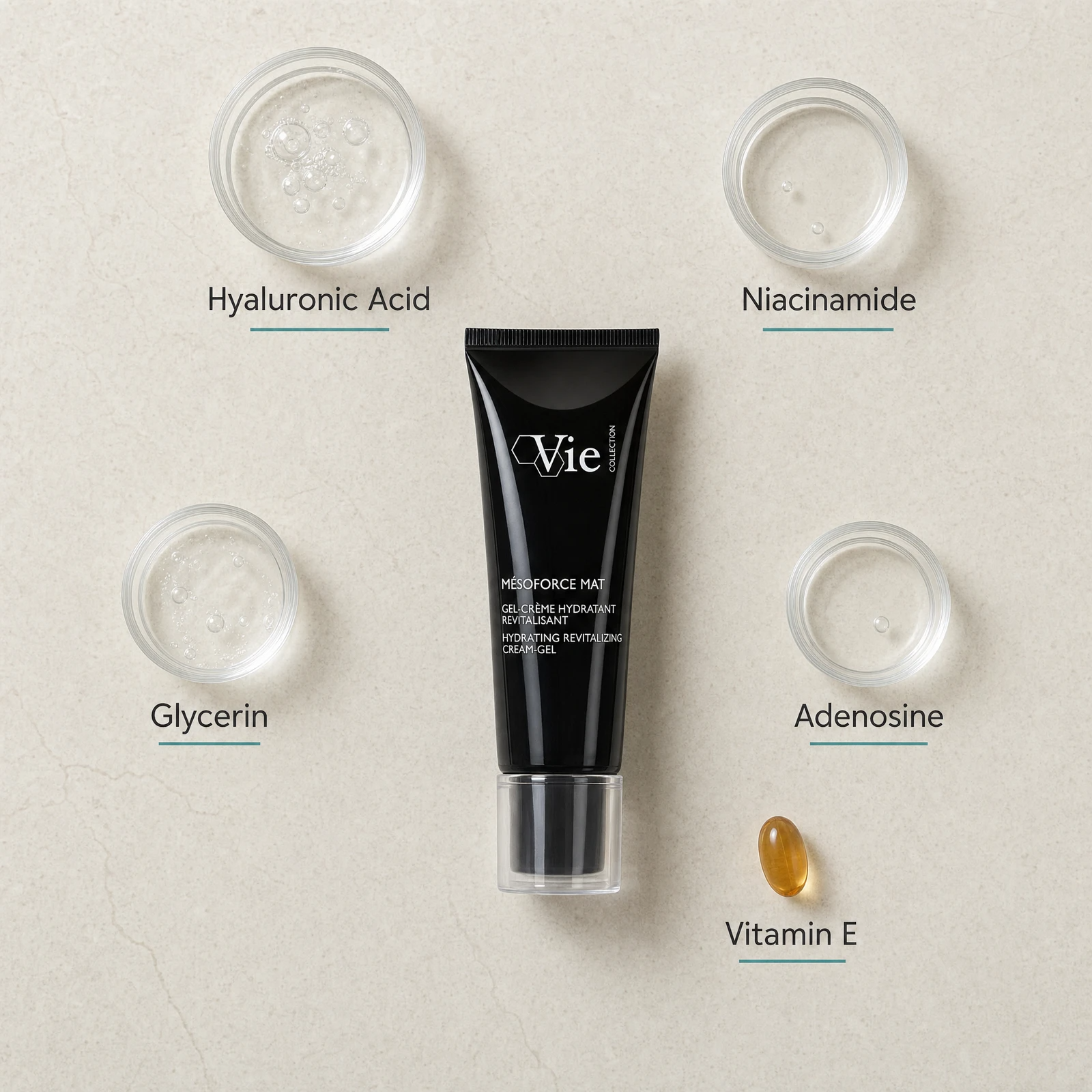 Vie Collection Mésoforce Mat Hydrating Revitalizing Cream-Gel 50ml flatlay on limestone surface with Hyaluronic Acid, Niacinamide, Glycerin, Adenosine, and Vitamin E