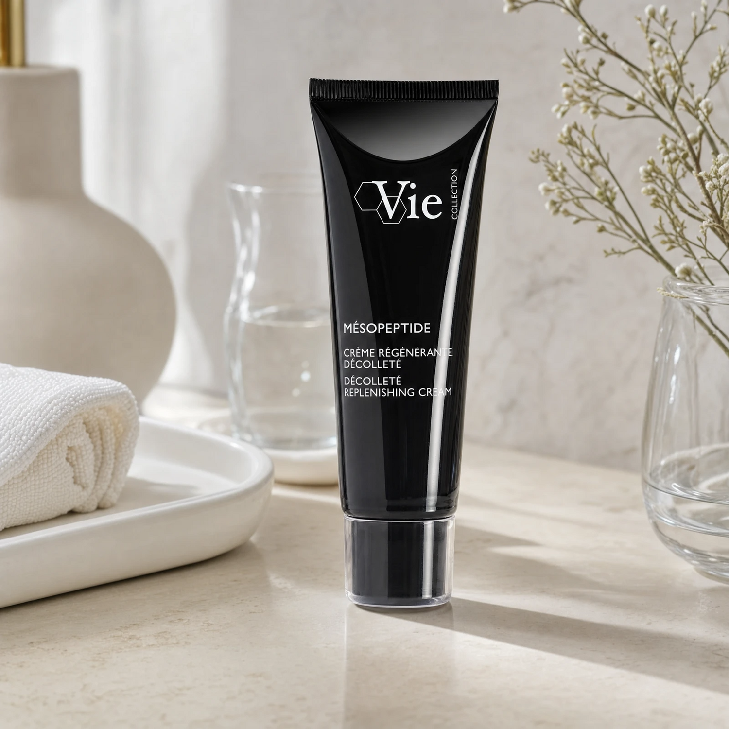 Vie Collection Mésopeptide Décolleté Replenishing Cream 50ml on a marble bathroom counter with gypsophila in glass carafe, white ceramic tray with towel, glass carafe with water and gold bathroom accessory, premium at-home skincare setting