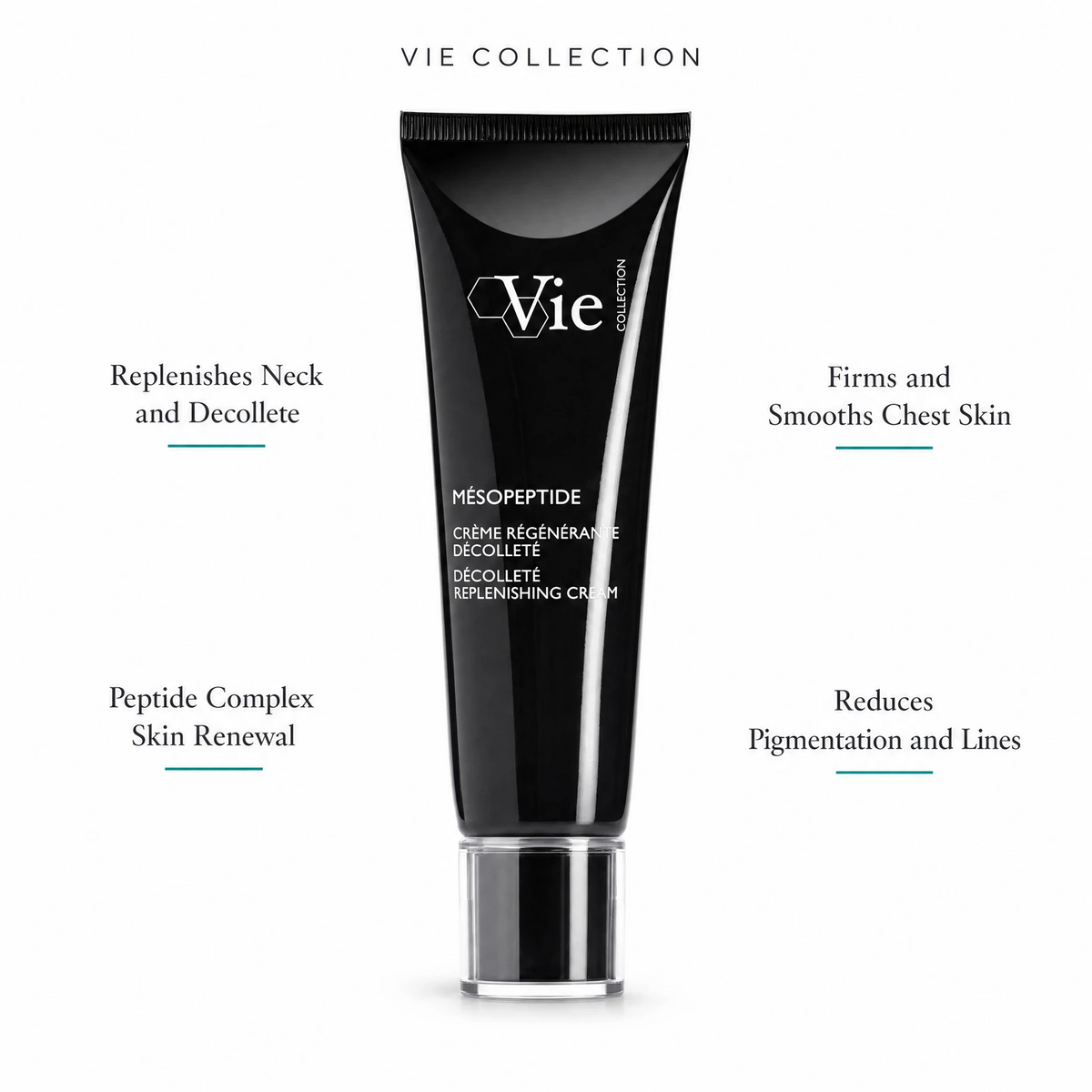 Vie Collection Mésopeptide Décolleté Replenishing Cream 50ml with four benefit callouts: Replenishes Neck and Decollete, Peptide Complex Skin Renewal, Firms and Smooths Chest Skin, Reduces Pigmentation and Lines