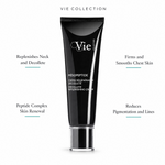 Vie Collection Mésopeptide Décolleté Replenishing Cream 50ml with four benefit callouts: Replenishes Neck and Decollete, Peptide Complex Skin Renewal, Firms and Smooths Chest Skin, Reduces Pigmentation and Lines