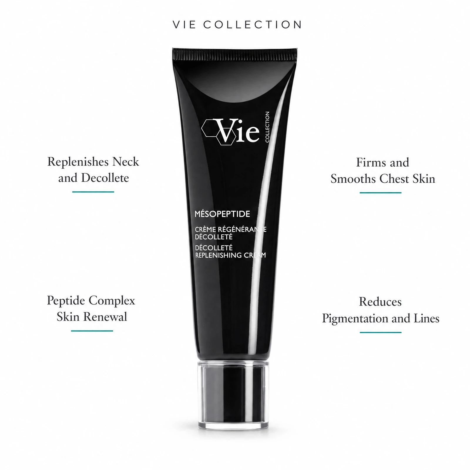 Vie Collection Mésopeptide Décolleté Replenishing Cream 50ml with four benefit callouts: Replenishes Neck and Decollete, Peptide Complex Skin Renewal, Firms and Smooths Chest Skin, Reduces Pigmentation and Lines