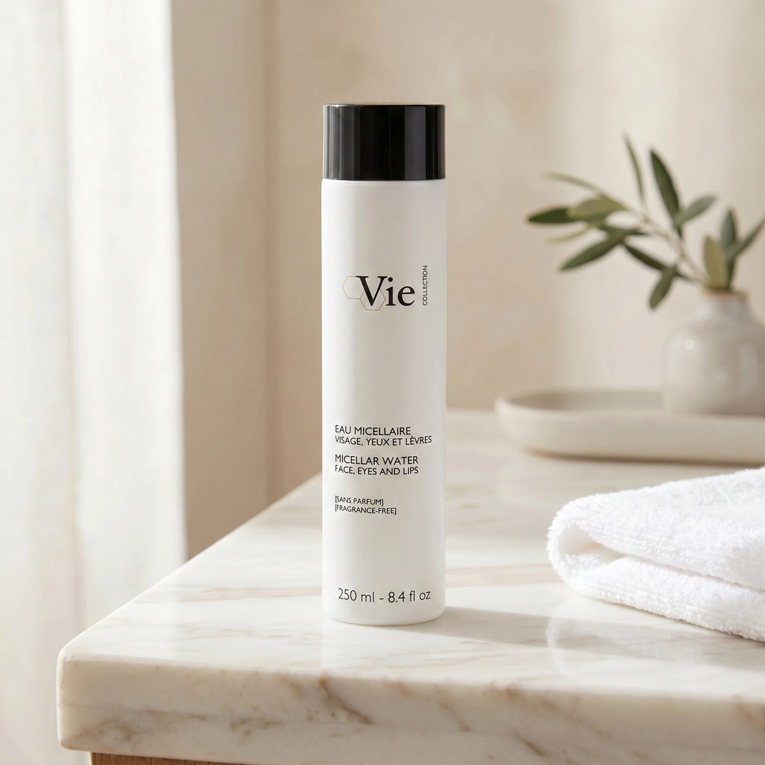 Vie Collection Micellar Water Face Eyes and Lips 250ml styled on a premium bathroom vanity for gentle daily cleansing.