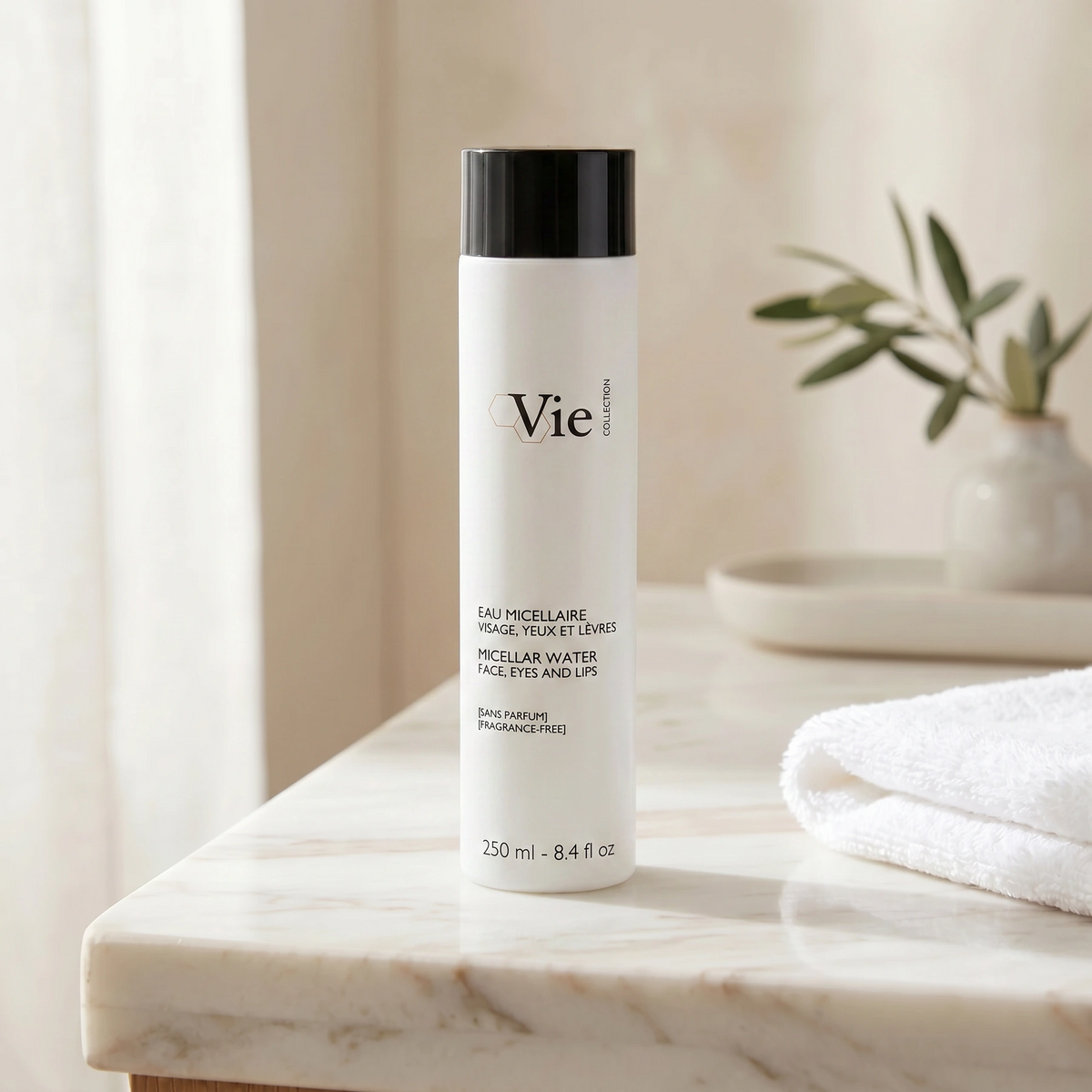 Vie Collection Micellar Water Face Eyes and Lips 250ml styled on a premium bathroom vanity for gentle daily cleansing.