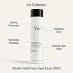 Vie Collection Micellar Water Face Eyes and Lips 250ml with callouts for gentle cleansing, makeup removal, hydration and eye and lip use.