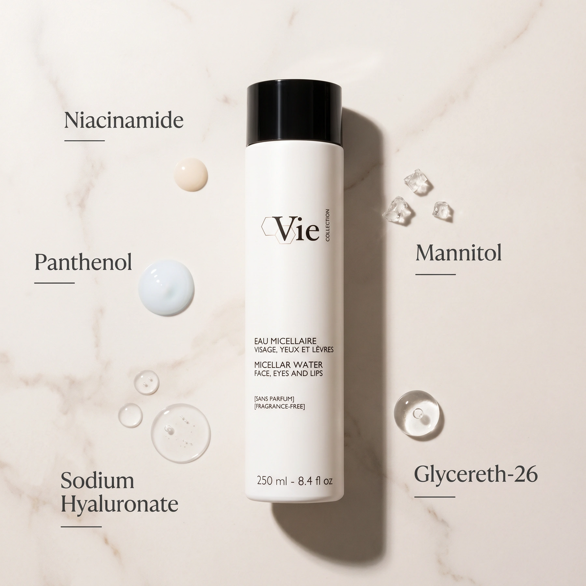 Vie Collection Micellar Water Face Eyes and Lips 250ml with Niacinamide, Panthenol, Sodium Hyaluronate, Mannitol and Glycereth-26.