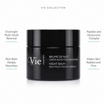 Vie Collection Night Balm Rich Multi-Youth Cream 50g with four benefit callouts: Overnight Multi-Youth Renewal, Rich Balm Deeply Nourishes, Peptide and Hyaluronic Complex, Wakes Skin Radiant and Firm