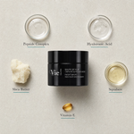 Vie Collection Night Balm Rich Multi-Youth Cream 50g flatlay on limestone surface with Peptide Complex, Hyaluronic Acid, Shea Butter, Squalane, and Vitamin E