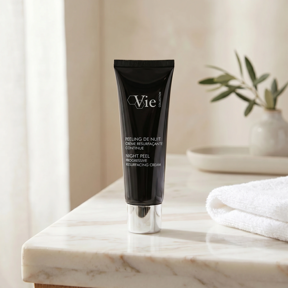 Vie Collection Night Peel Progressive Resurfacing Cream 50ml styled on a premium bathroom vanity for smoother, more radiant-looking skin.