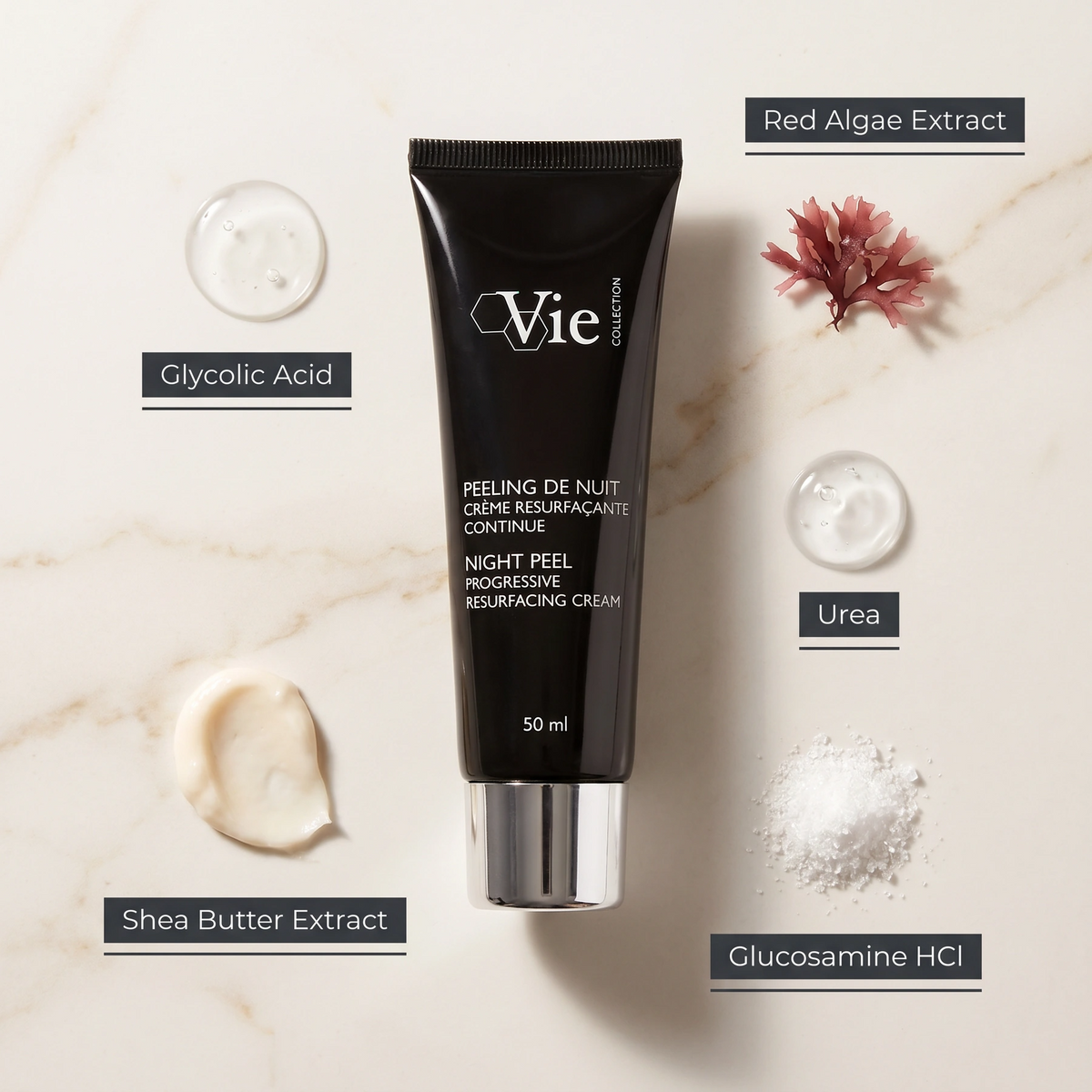 Vie Collection Night Peel Progressive Resurfacing Cream 50ml with Glycolic Acid, Red Algae Extract, Urea, Shea Butter Extract and Glucosamine HCl.