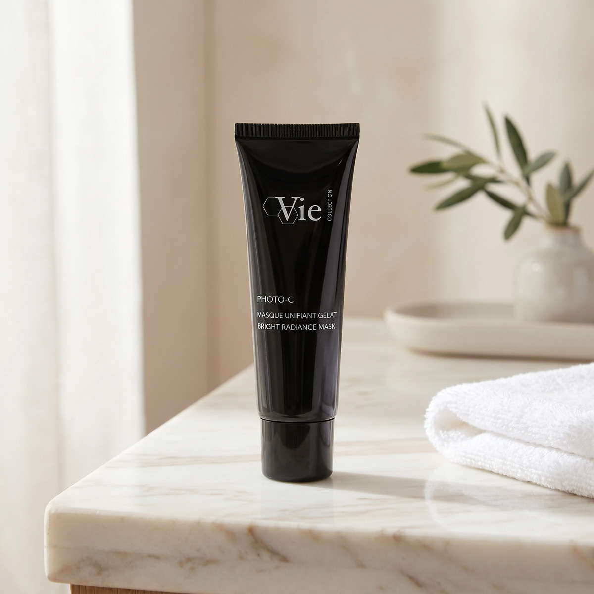 Vie Collection Photo C Bright Radiance Mask 50ml styled on a premium bathroom vanity for brighter, more radiant-looking skin.