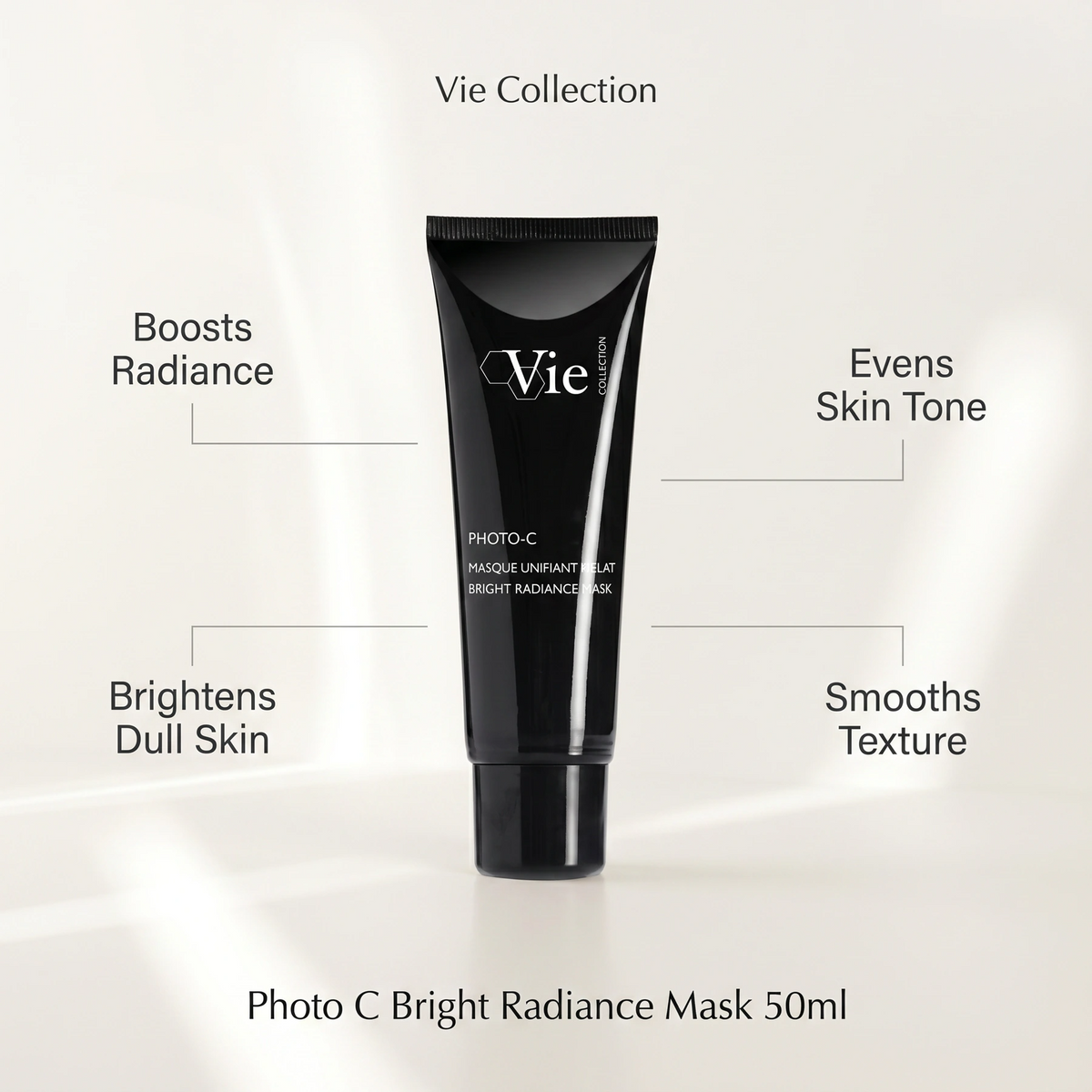 Vie Collection Photo C Bright Radiance Mask 50ml with callouts for radiance, brightening dull skin, even tone and smoother texture.