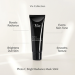 Vie Collection Photo C Bright Radiance Mask 50ml with callouts for radiance, brightening dull skin, even tone and smoother texture.