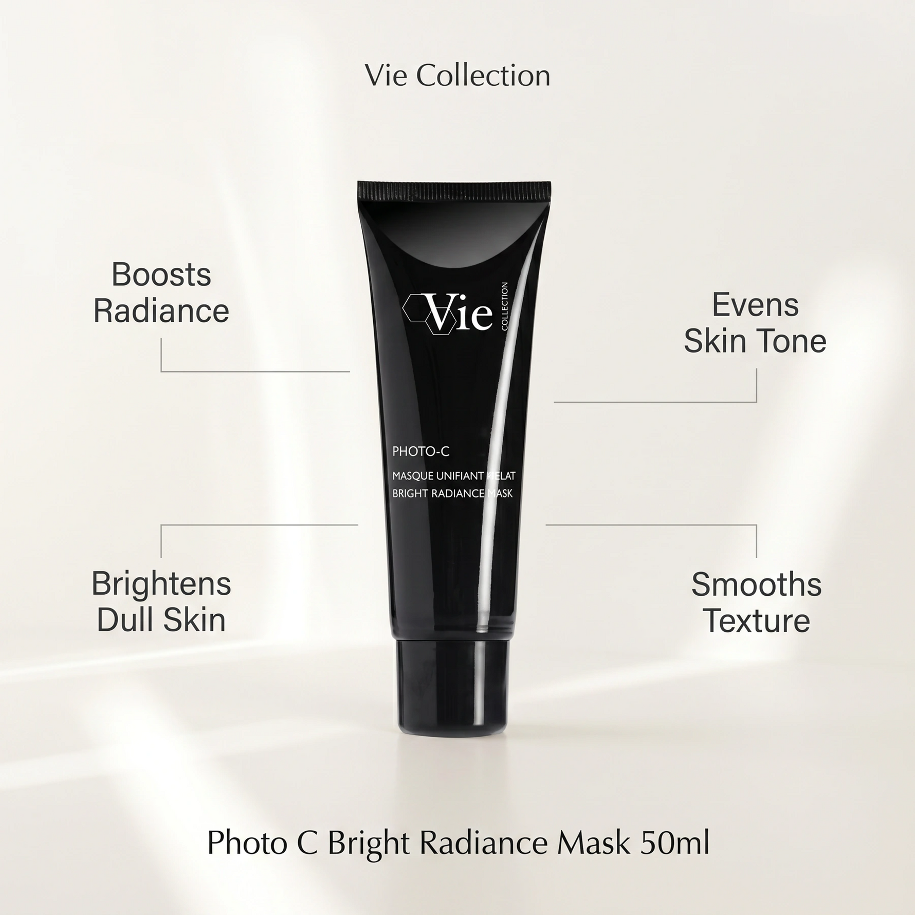 Vie Collection Photo C Bright Radiance Mask 50ml with callouts for radiance, brightening dull skin, even tone and smoother texture.