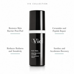 Vie Collection Post Peel Skin Barrier Serum 30ml with four benefit callouts: Restores Skin Barrier Post-Peel, Reduces Redness and Sensitivity, Ceramides and Peptide Repair, Soothes and Accelerates Recovery