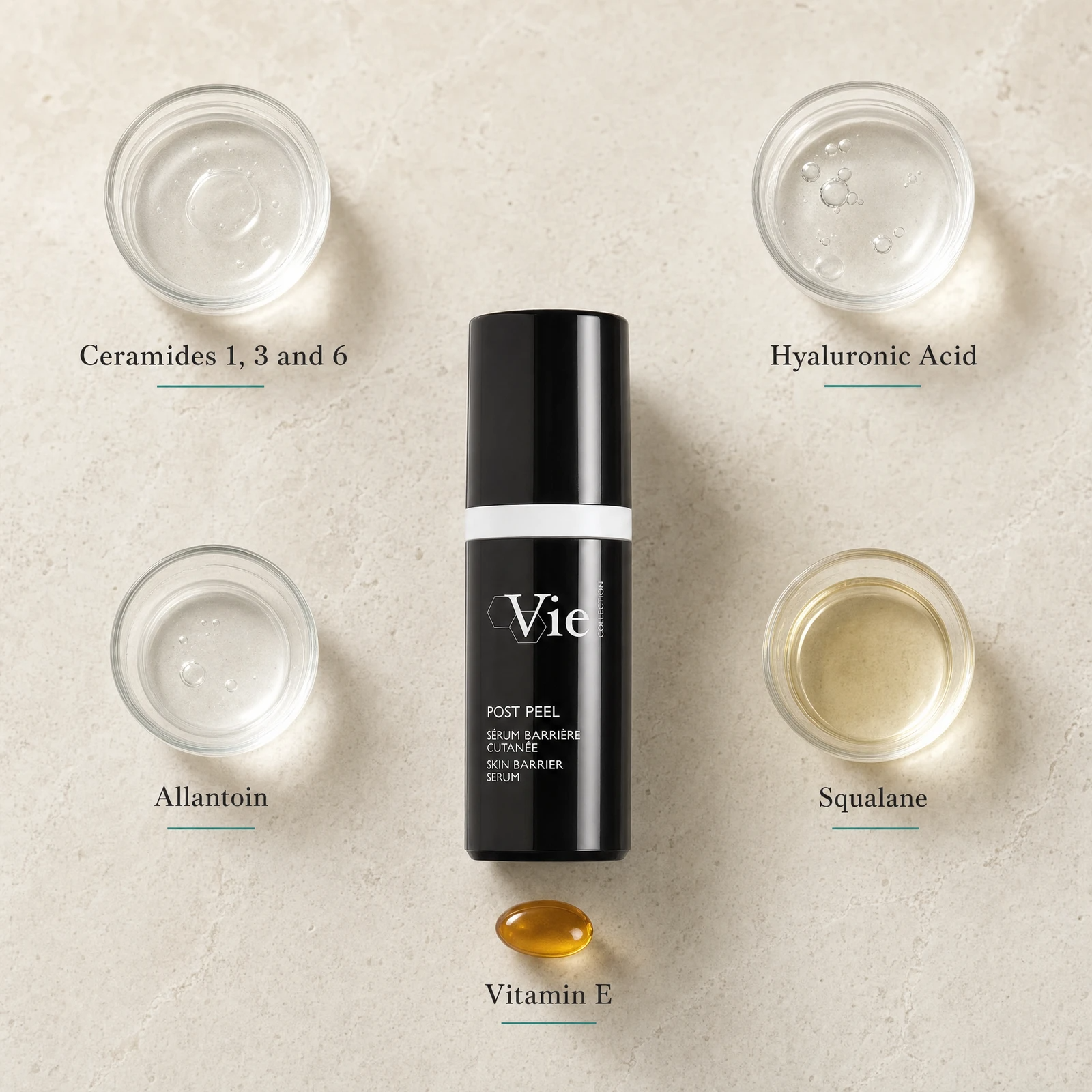 Vie Collection Post Peel Skin Barrier Serum 30ml flatlay on limestone surface with Ceramides 1, 3 and 6, Hyaluronic Acid, Allantoin, Squalane, and Vitamin E