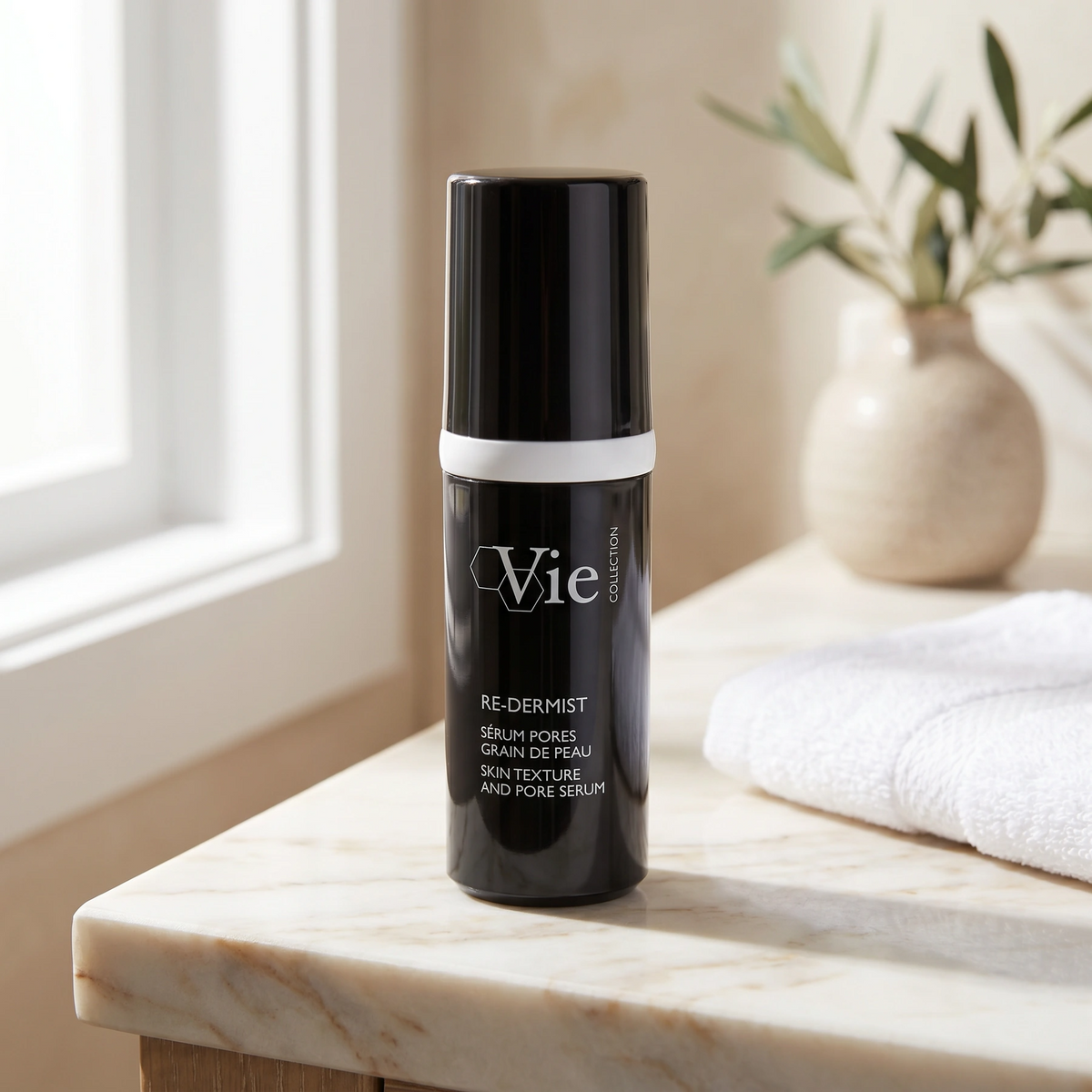 Vie Collection Re-Dermist Pore and Skin Texture Serum 30ml styled on a premium bathroom vanity for smoother, more refined-looking skin.