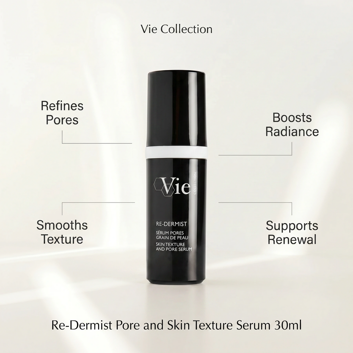 Vie Collection Re-Dermist Pore and Skin Texture Serum 30ml with callouts for pore refinement, smoother texture, radiance and skin renewal.