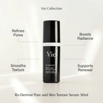 Vie Collection Re-Dermist Pore and Skin Texture Serum 30ml with callouts for pore refinement, smoother texture, radiance and skin renewal.