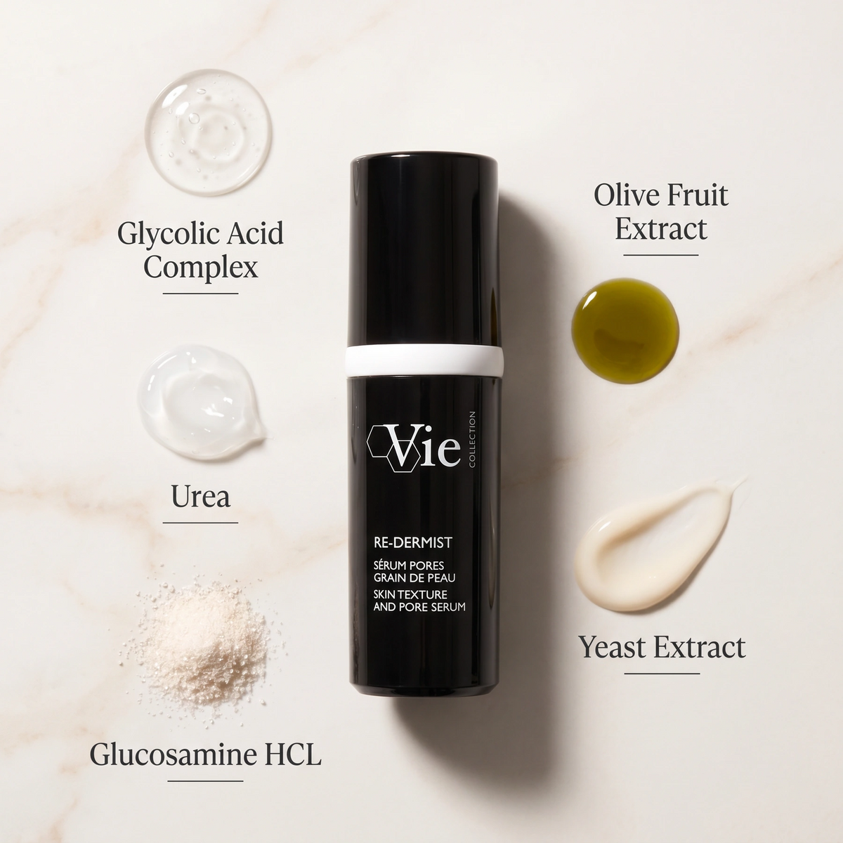 Vie Collection Re-Dermist Pore and Skin Texture Serum 30ml with Glycolic Acid Complex, Urea, Glucosamine HCL, Olive Fruit Extract and Yeast Extract.