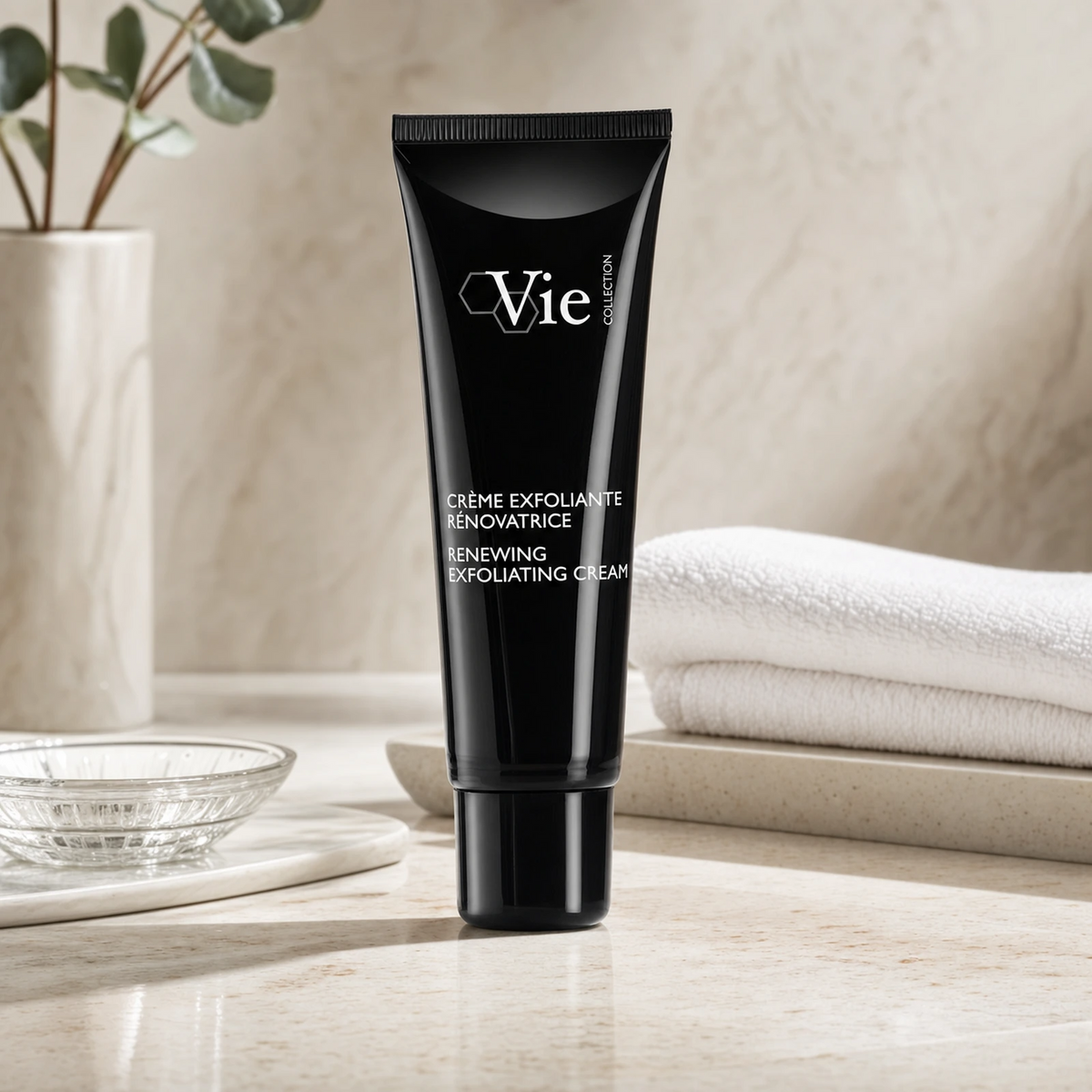 Vie Collection Renewing Exfoliating Cream 50ml styled on a premium bathroom vanity for at-home resurfacing skincare.