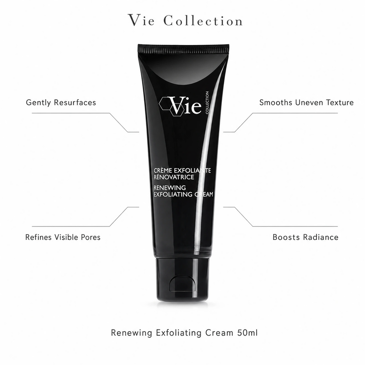 Vie Collection Renewing Exfoliating Cream 50ml with callouts for resurfacing, smoother texture, refined pores and radiance.