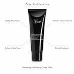Vie Collection Renewing Exfoliating Cream 50ml with callouts for resurfacing, smoother texture, refined pores and radiance.