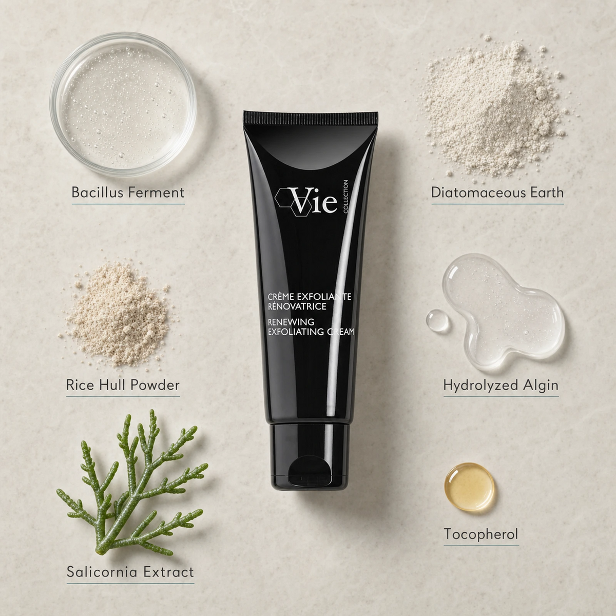 Vie Collection Renewing Exfoliating Cream 50ml with Bacillus Ferment, Diatomaceous Earth, Rice Hull Powder and supporting ingredients.