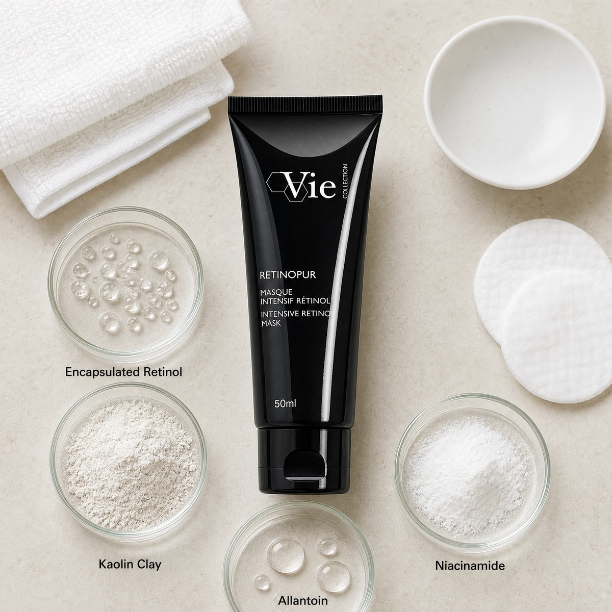 Vie Collection Retinopur Intensive Retinol Mask 50ml ingredient flatlay with encapsulated retinol, kaolin clay, niacinamide, and allantoin in clean glass petri dishes.