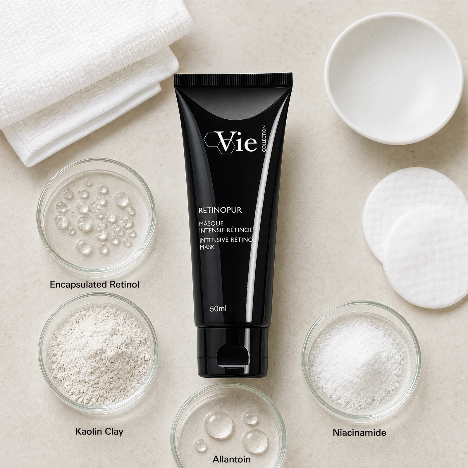 Vie Collection Retinopur Intensive Retinol Mask 50ml ingredient flatlay with encapsulated retinol, kaolin clay, niacinamide, and allantoin in clean glass petri dishes.