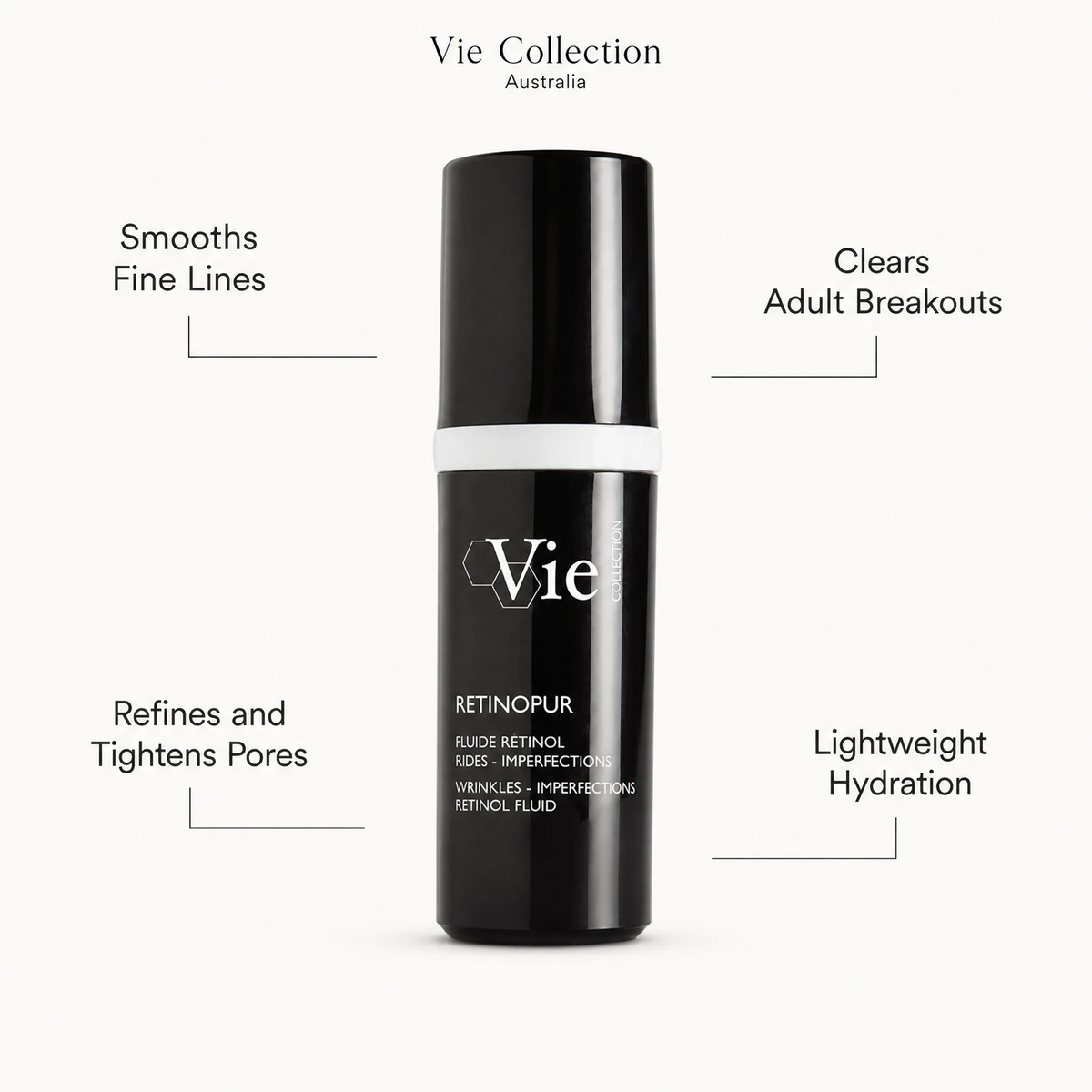 Vie Collection Retinopur Wrinkles Imperfections Retinol Fluid 30ml benefit callout image highlighting fine line smoothing, adult breakout clearing, pore refinement, and lightweight hydration.