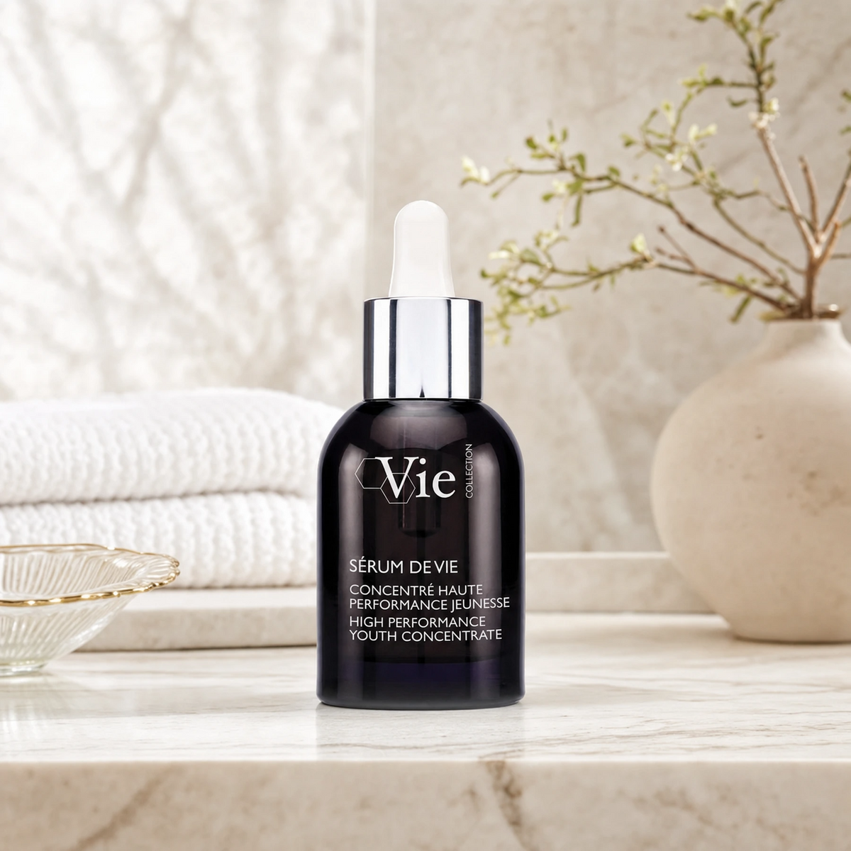 Vie Collection Serum De Vie High Performance Youth Concentrate 30ml styled on a premium bathroom vanity for radiant anti-ageing skincare.
