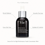 Vie Collection Serum De Vie High Performance Youth Concentrate 30ml with callouts for radiance, fine lines, even tone and hydration.