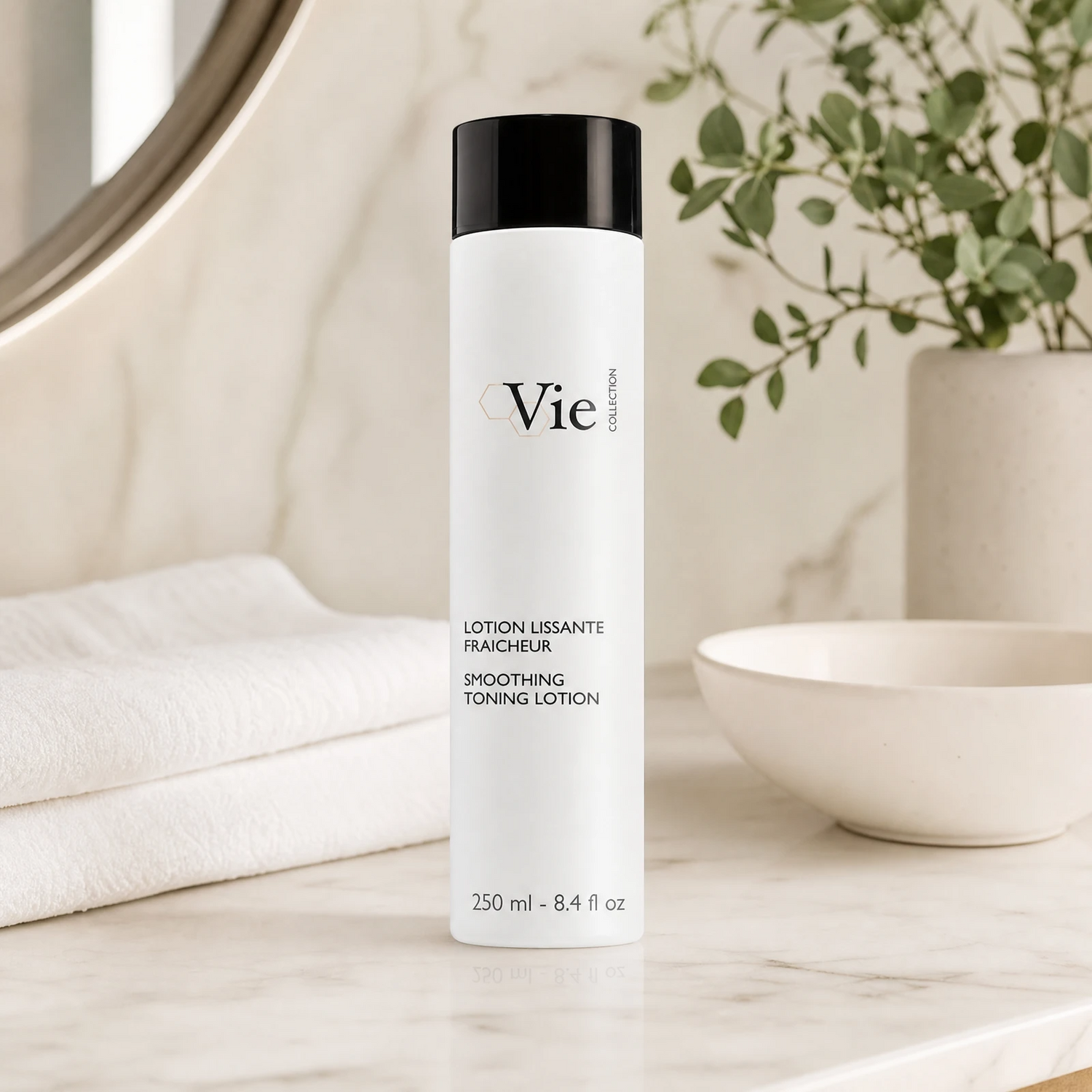 Vie Collection Smoothing Toning Lotion 250ml premium white bottle styled on a marble vanity with white towels and greenery for Beauty Collective consumer retail.