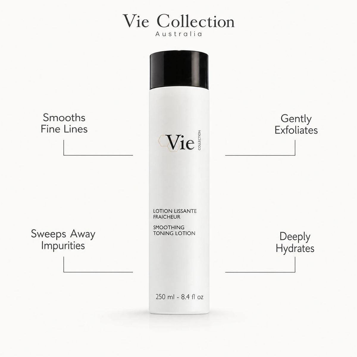 Vie Collection Smoothing Toning Lotion 250ml benefit callout image highlighting fine line smoothing, gentle exfoliation, impurity removal, and deep hydration.