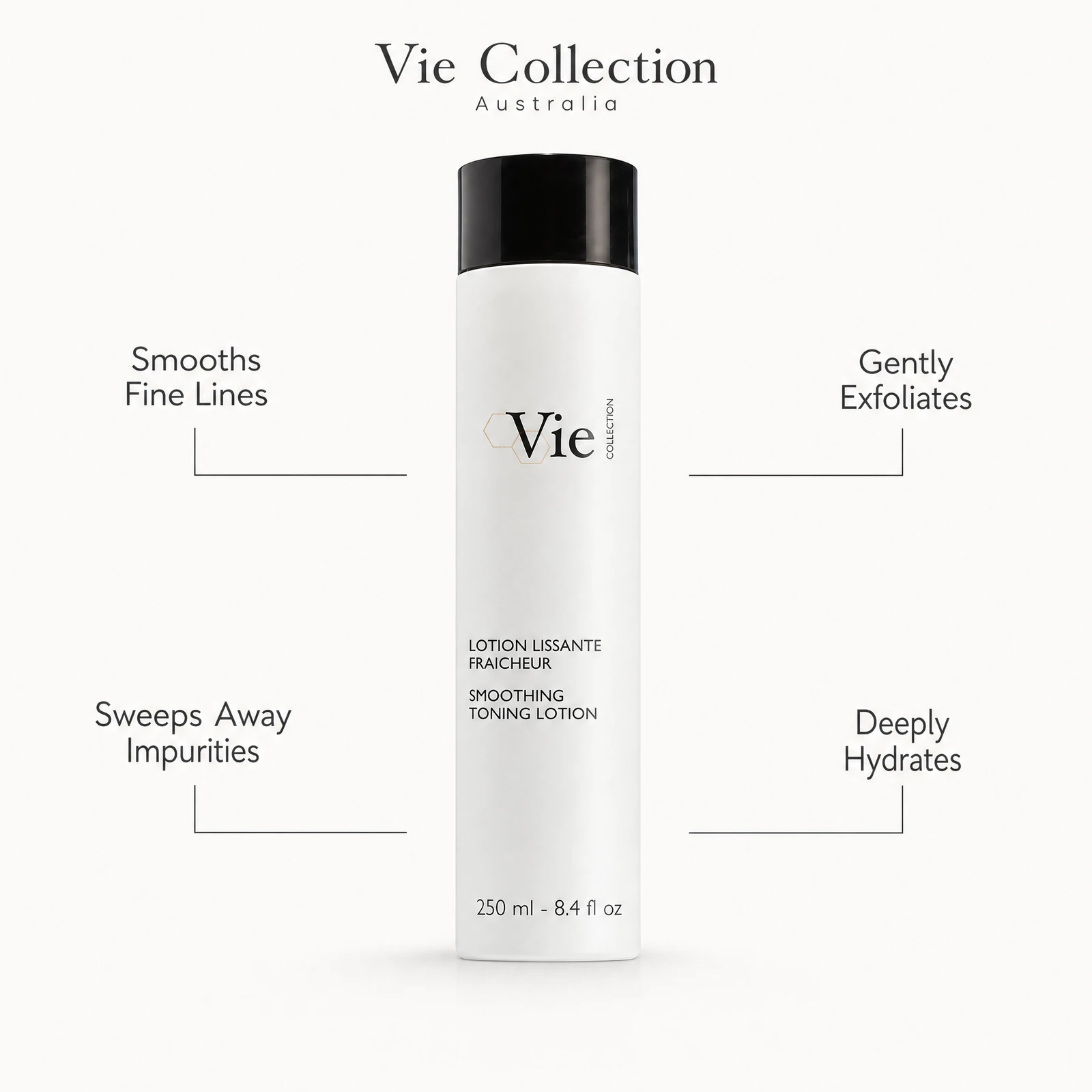 Vie Collection Smoothing Toning Lotion 250ml benefit callout image highlighting fine line smoothing, gentle exfoliation, impurity removal, and deep hydration.