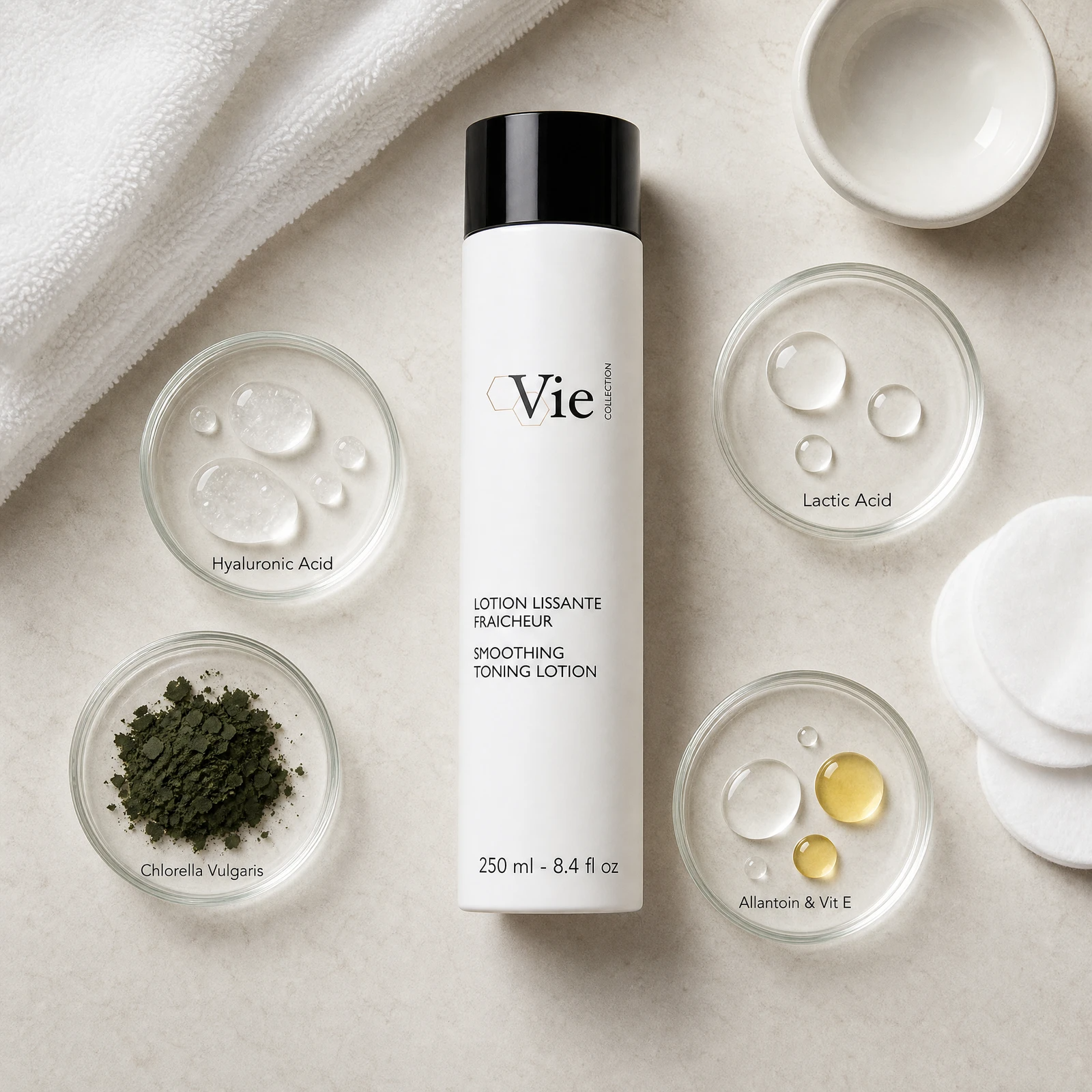Vie Collection Smoothing Toning Lotion 250ml ingredient flatlay with hyaluronic acid, lactic acid, chlorella vulgaris, and allantoin with vitamin E in clean glass petri dishes.