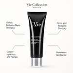 Vie Collection Time Control Deep Wrinkle EGF Mask 50ml benefit callout image highlighting deep wrinkle reduction, skin firming, intense hydration, and barrier reinforcement.