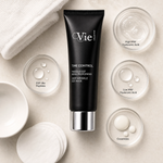 Vie Collection Time Control Deep Wrinkle EGF Mask 50ml ingredient flatlay with EGF-like peptides, dual molecular weight hyaluronic acid, and ceramides in clean glass petri dishes.