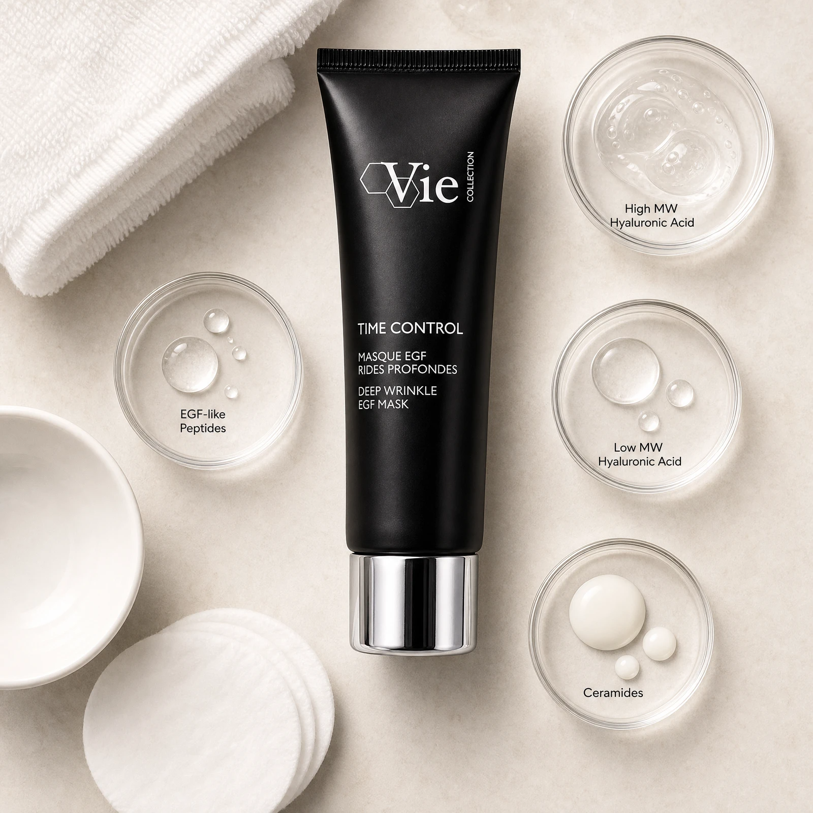 Vie Collection Time Control Deep Wrinkle EGF Mask 50ml ingredient flatlay with EGF-like peptides, dual molecular weight hyaluronic acid, and ceramides in clean glass petri dishes.