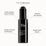 Vie Collection Time Control Deep Wrinkles EGF Serum 30ml benefit callout image highlighting deep wrinkle softening, skin density restoration, intense hydration, and barrier repair.