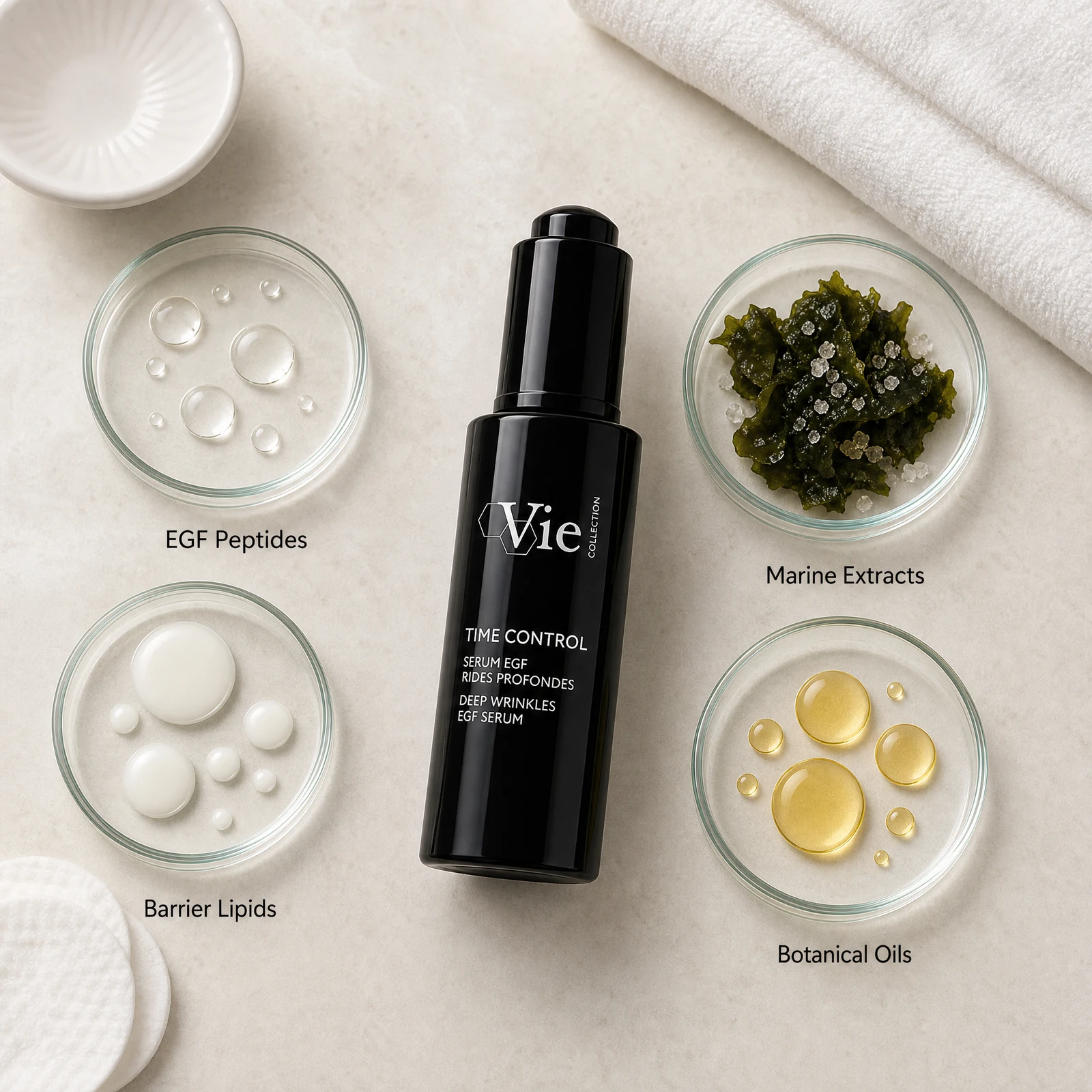 Vie Collection Time Control Deep Wrinkles EGF Serum 30ml ingredient flatlay with EGF peptides, marine extracts, barrier lipids, and botanical oils in clean glass petri dishes.