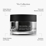 Vie Collection Time Control EGF Deep Wrinkles Firming Rich Cream 50ml benefit callout image highlighting deep wrinkle reduction, skin firming, intense hydration, and marine revitalization.